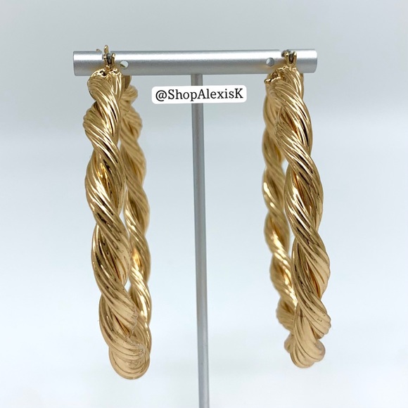 Large Gold Rope Twisted Hoop Earrings - Picture 4 of 6
